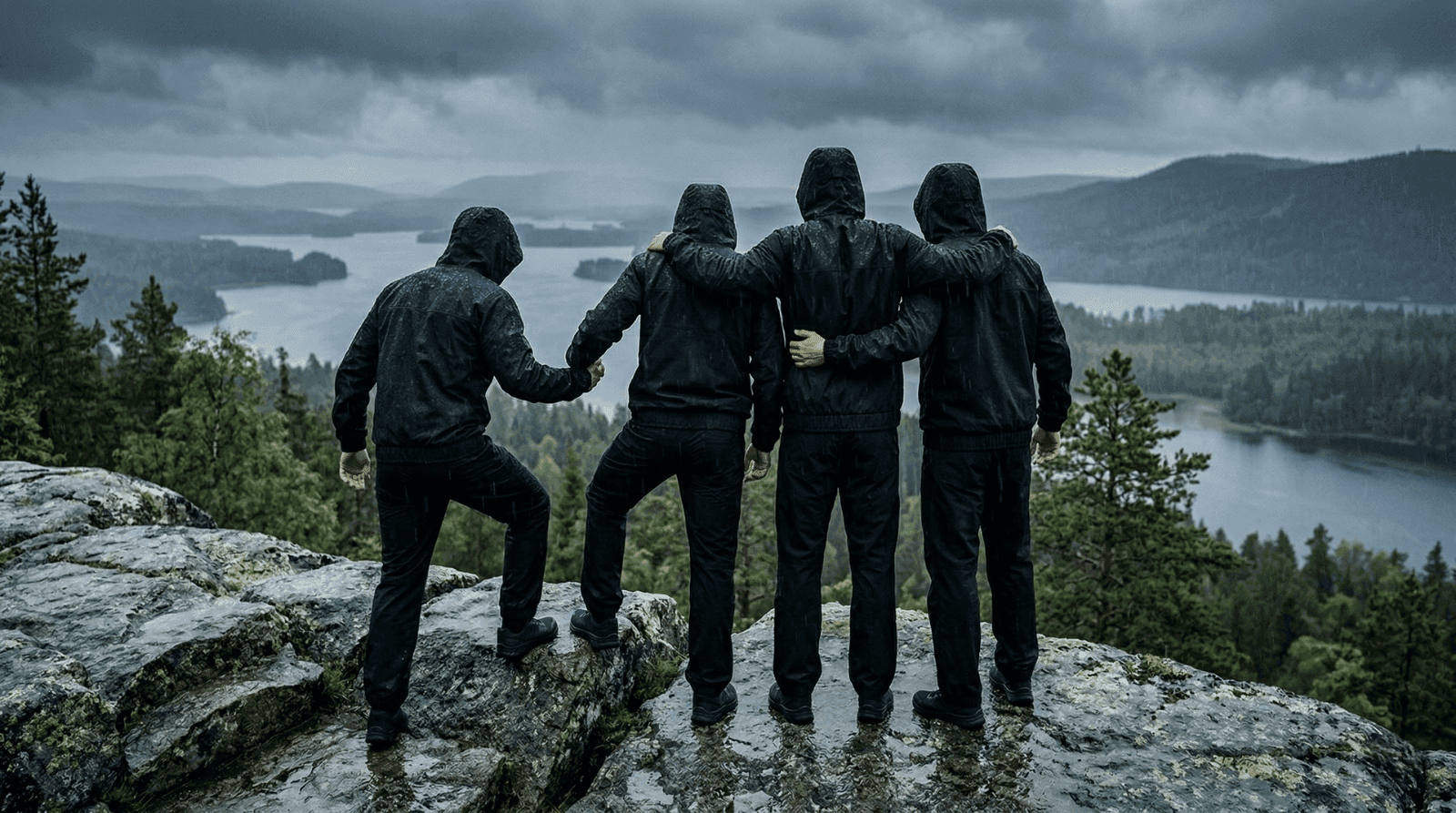 Four army recruits standing on a cliff