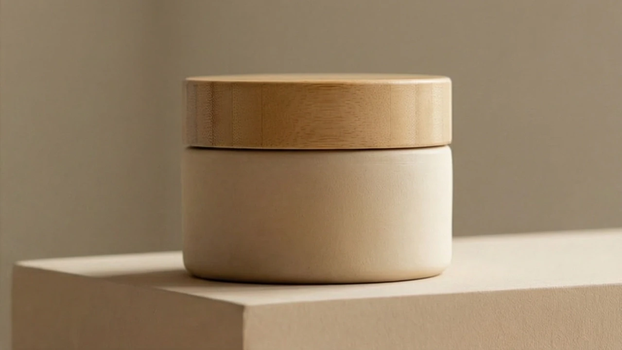 A minimalist cream-colored ceramic skincare jar with a wooden lid resting on a beige block.