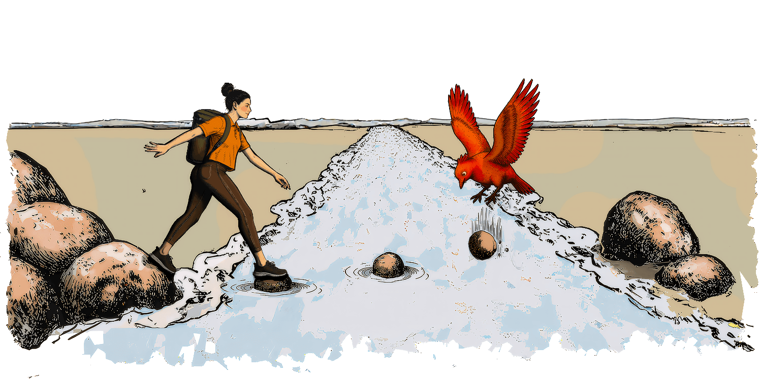Law firm SEO and web design concept art of woman stepping stones with bird showing the path forward.