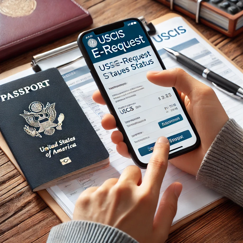 A person checking the status of their e-Request on the USCIS mobile app using a smartphone, with a passport and a notepad in the background.