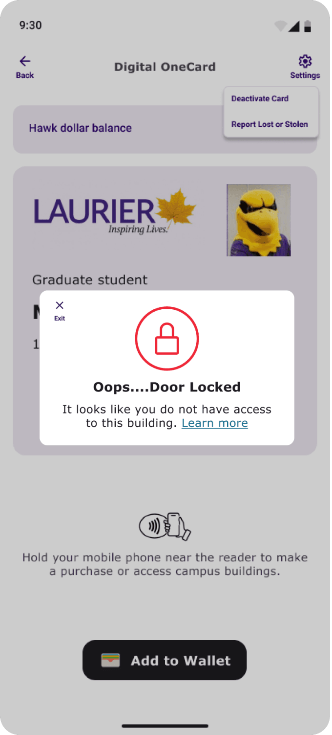 Mid-fidelity design of a Digital OneCard pop-up message displaying 'Door Locked,' featuring a straightforward layout with a lock icon for clarity.