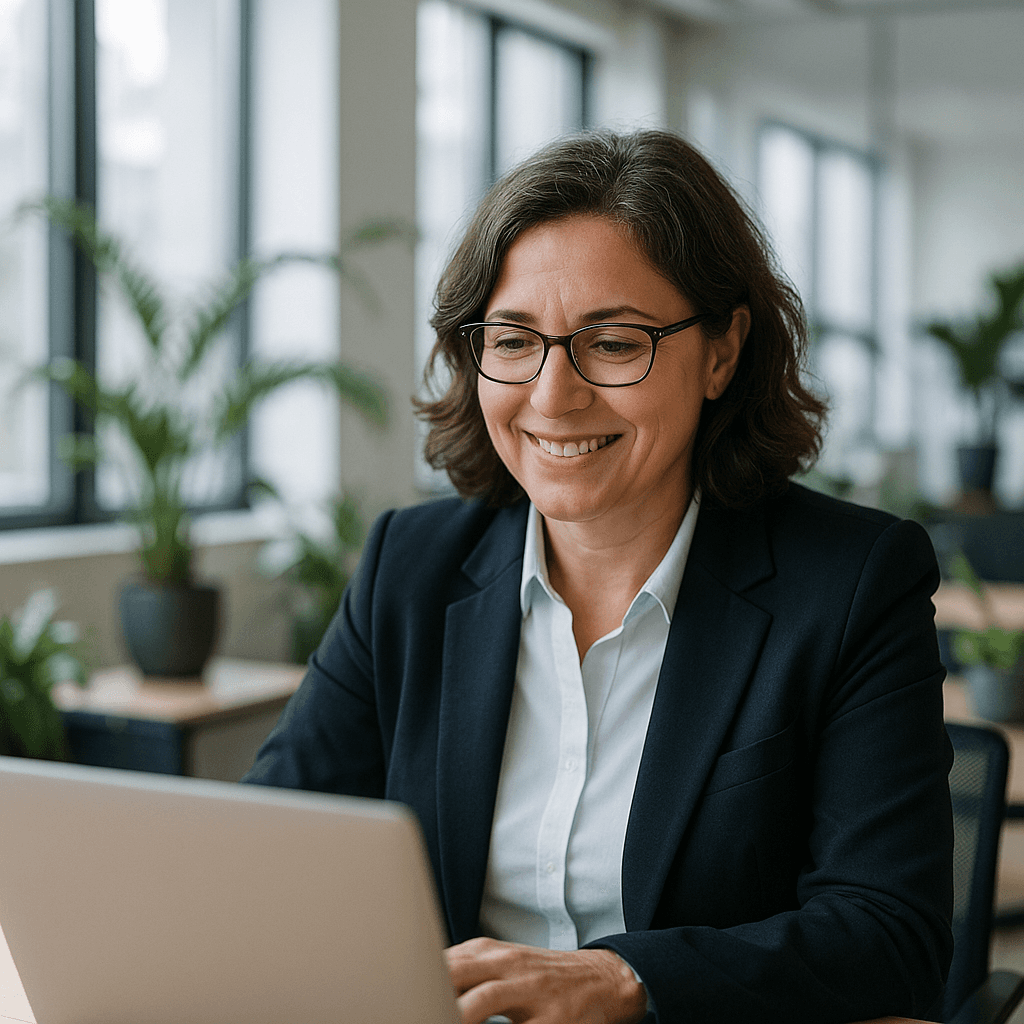 Compliance officer smiling at laptop screen showing customized AI training course with diagrams and quizzes, modern office setting