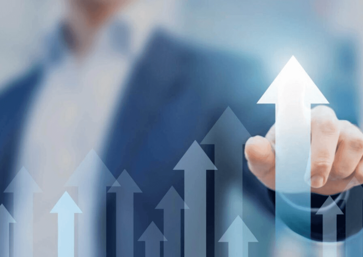 Futuristic graphic of a man in a suit with arrows rising upwards