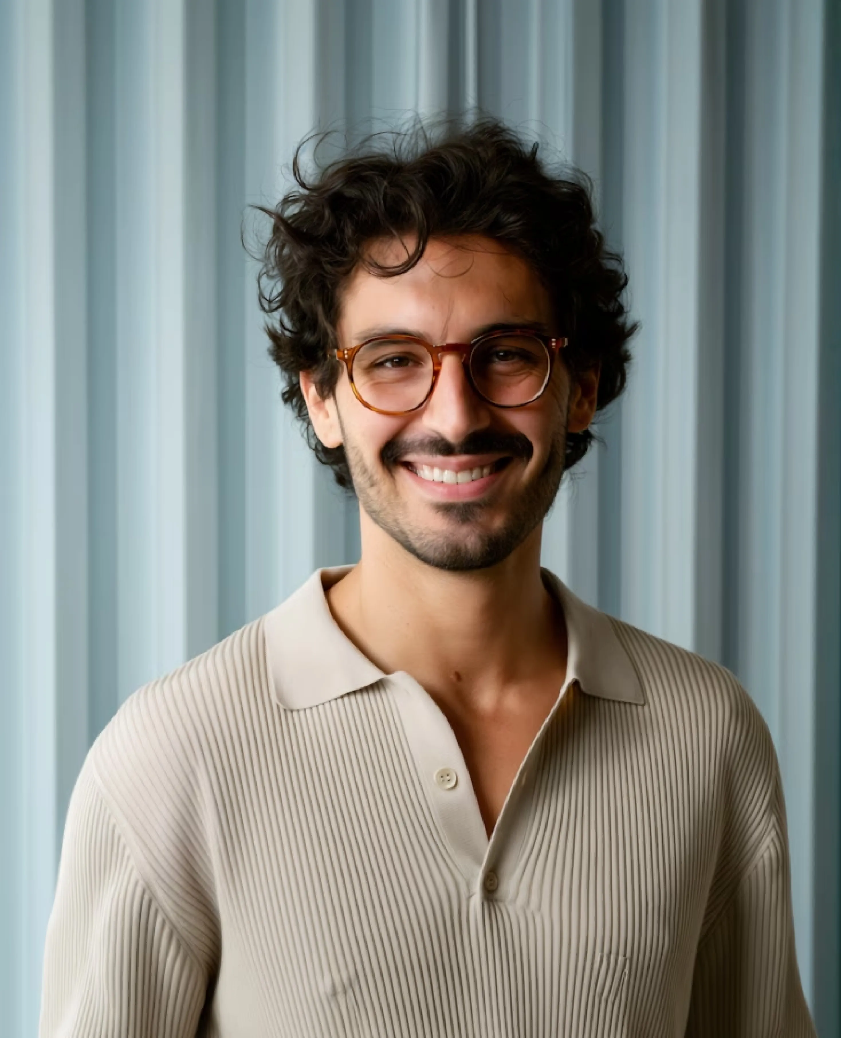 Smiling young man with glasses and curly hair, casual shirt.