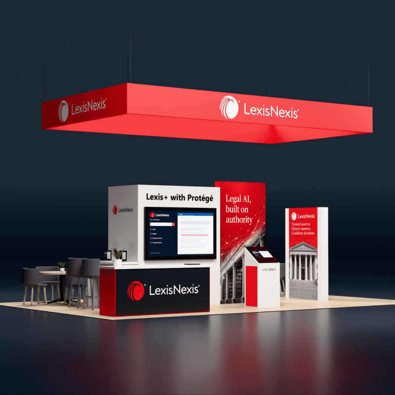 20x30 legal AI booth rental with overhead branding and multiple software demo stations