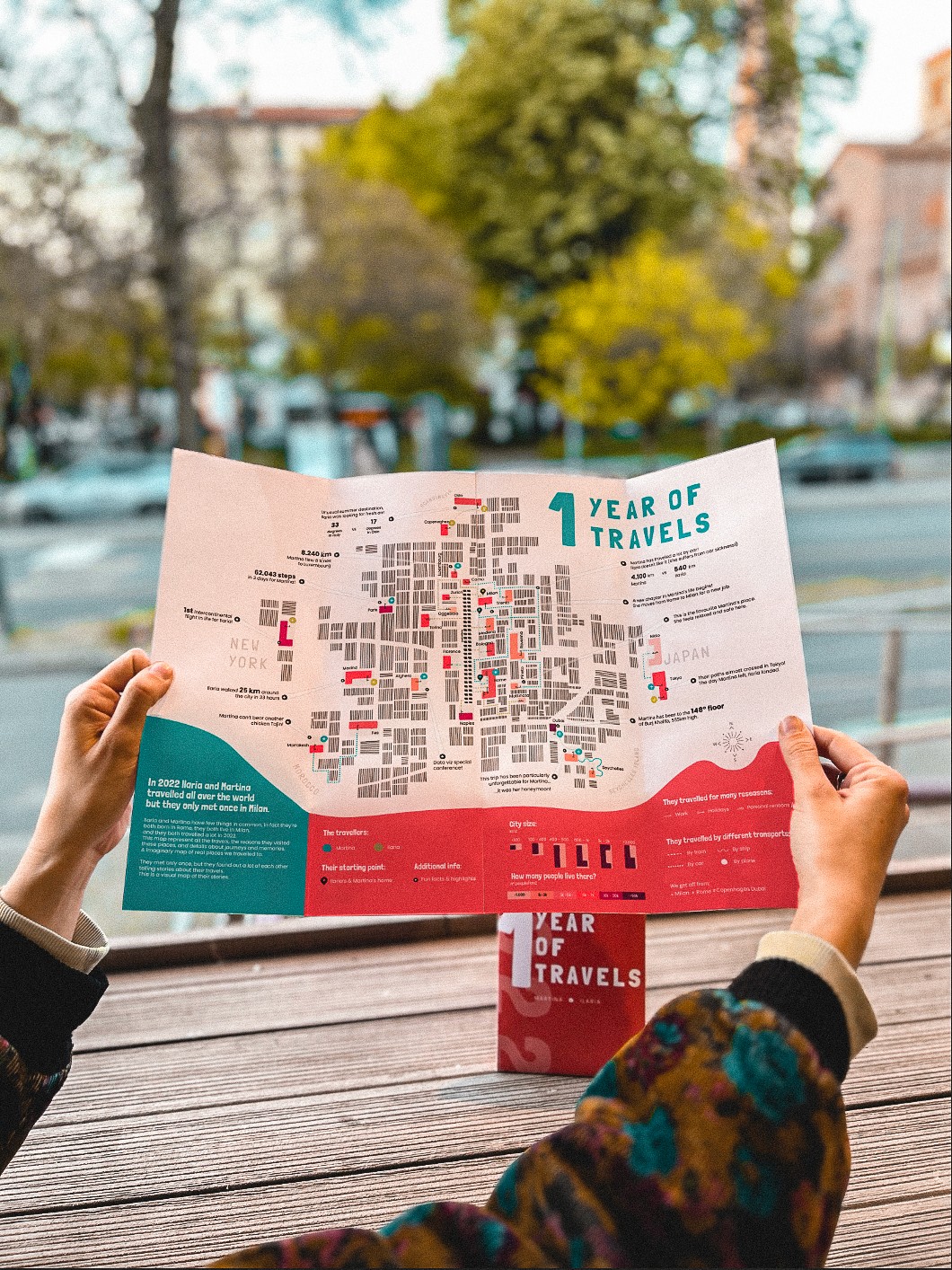 An illustrated map where the world is reimagined as a city map: buildings represent countries and two dots represent friends, revealing shared journeys