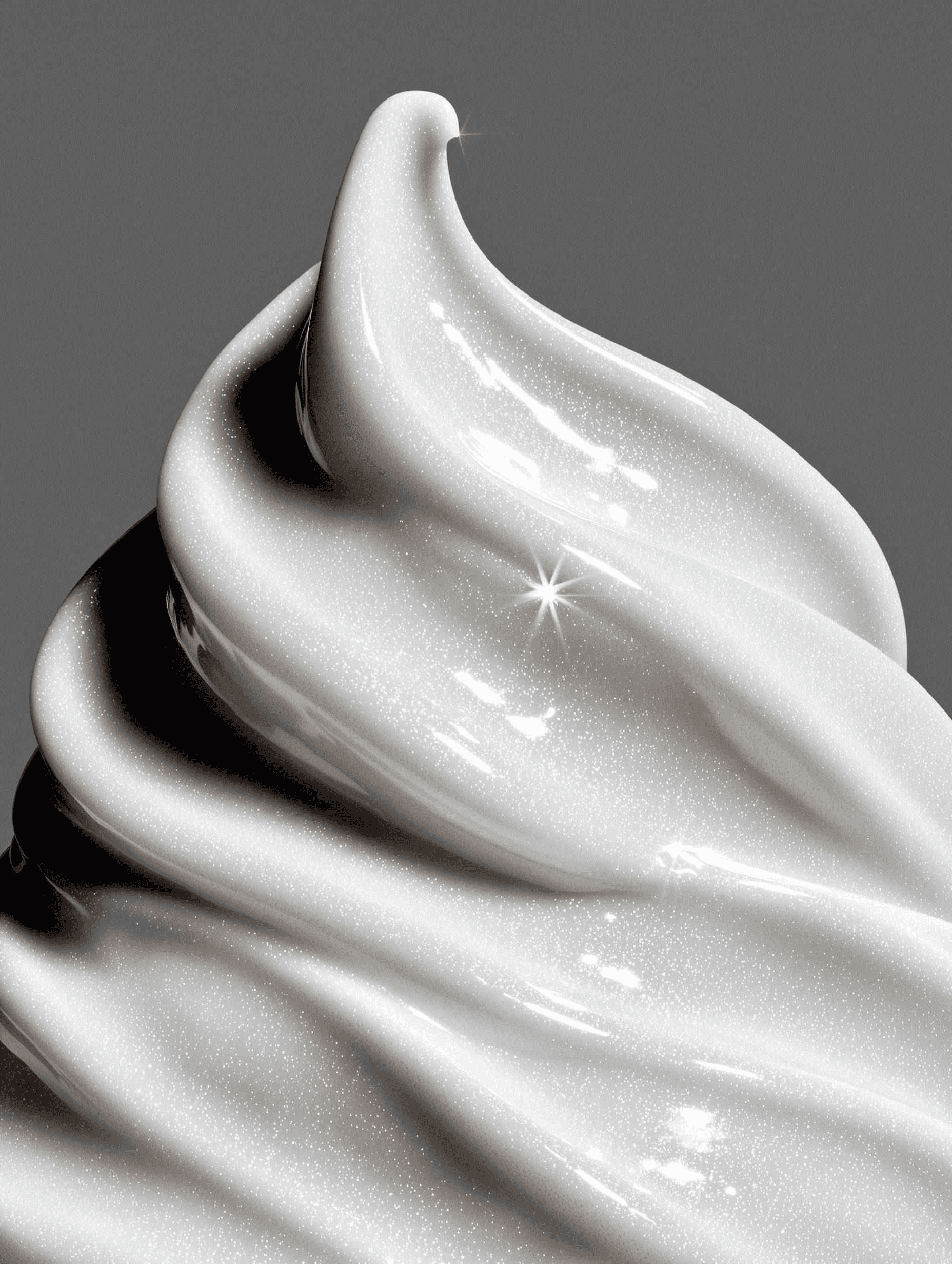 Pearlescent glossy white cream swirl with fine sparkles on gray.