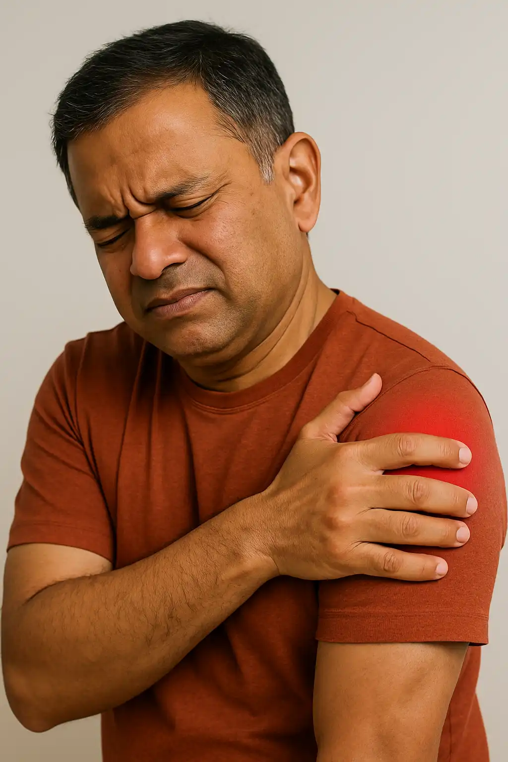 Adult man gripping his shoulder and wincing, with a red highlighted area indicating shoulder pain or inflammation.