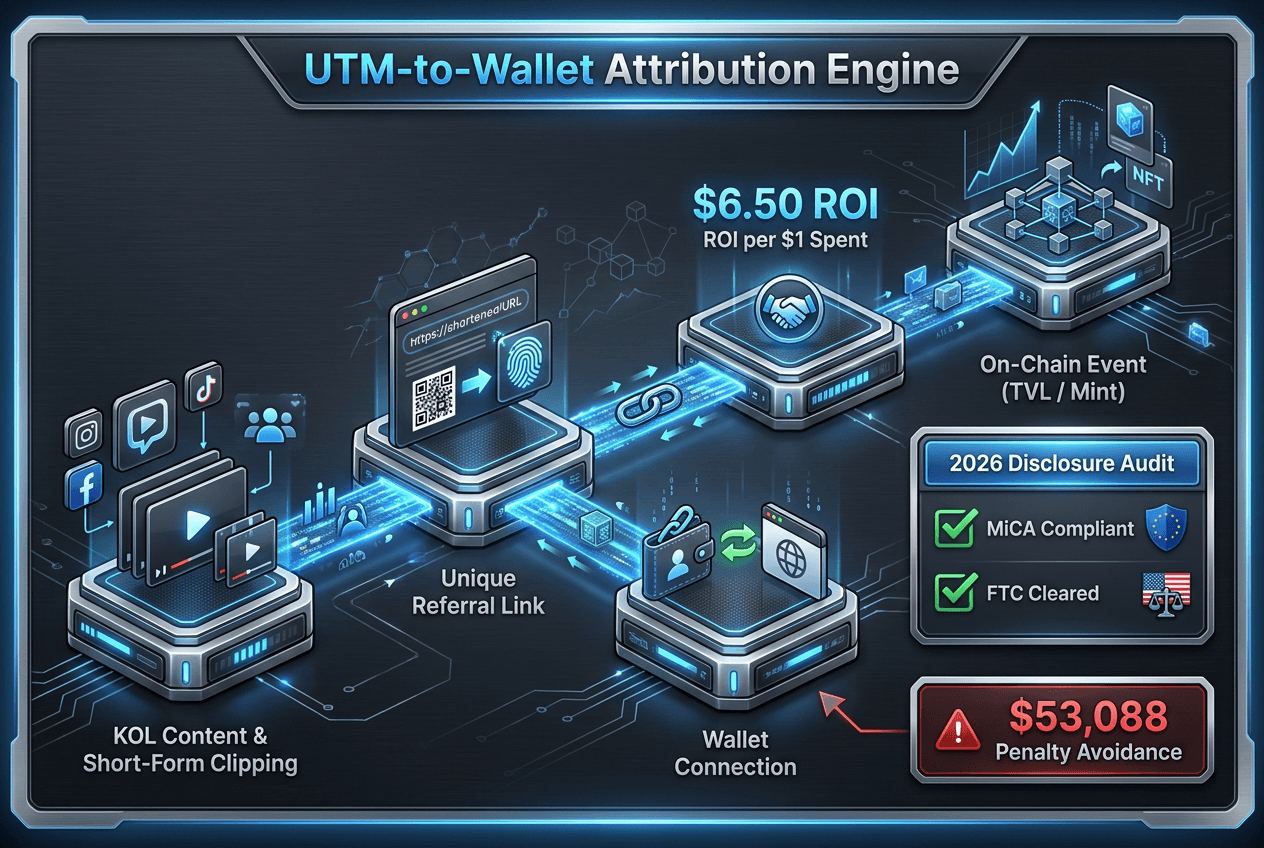 Workflow diagram of Web3 on-chain attribution showing the path from KOL content to wallet connection and protocol TVL growth.