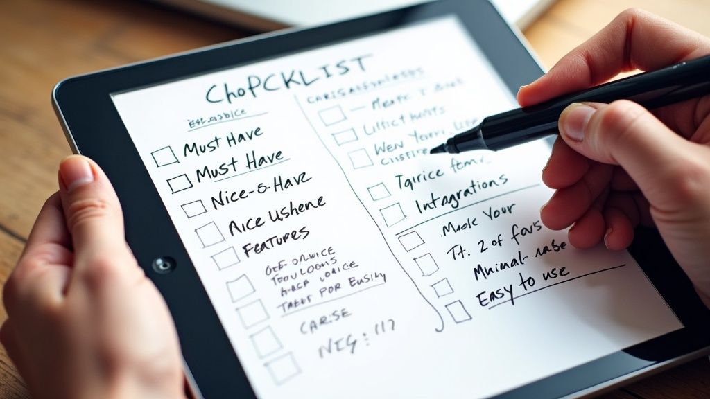 A person evaluating different software options on a computer screen, representing choosing a tool.