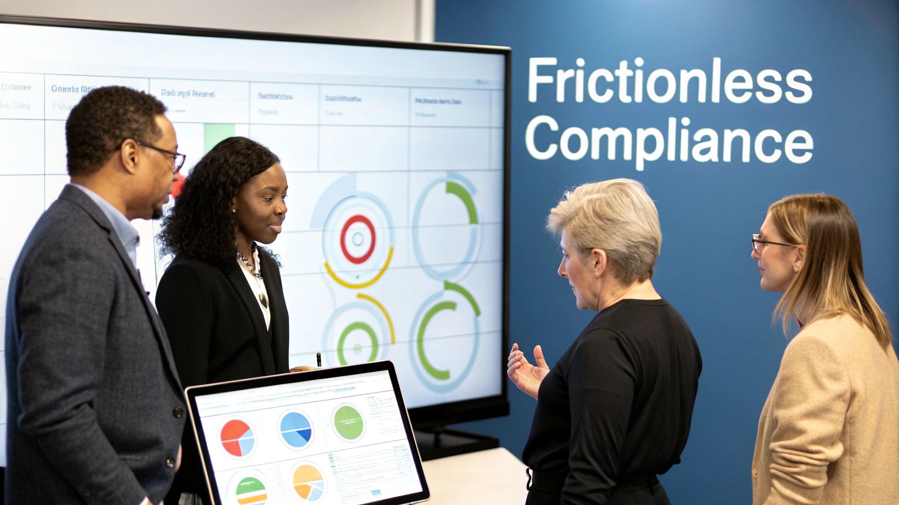 Four business professionals collaborate in front of screens displaying data and