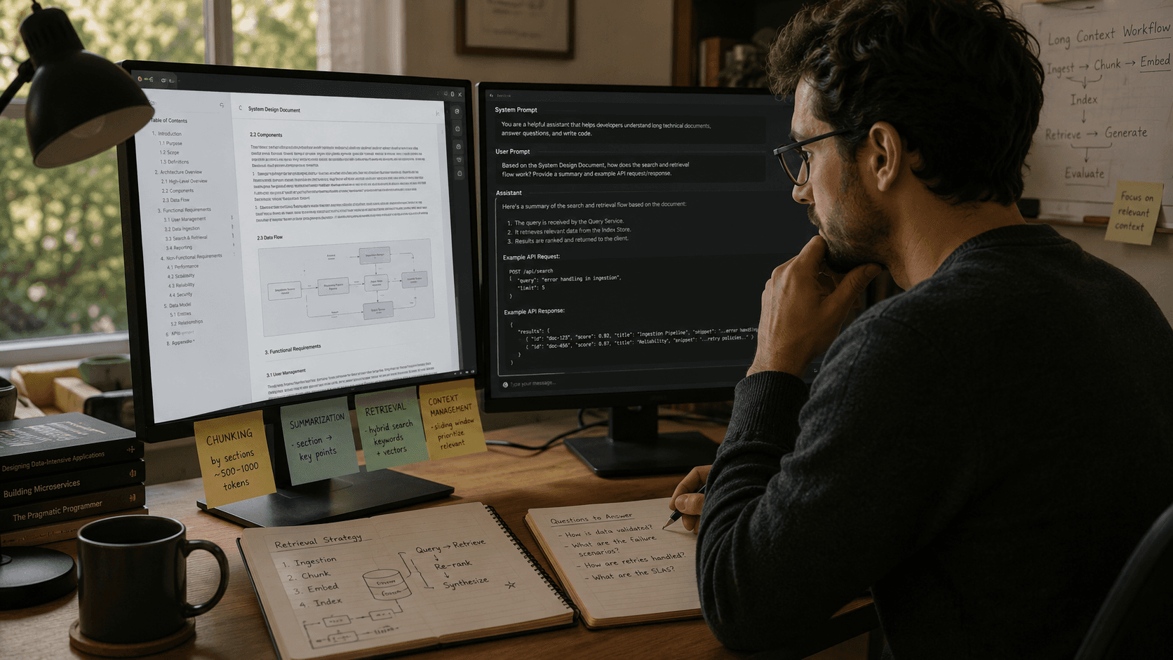Developer analyzing a system design document and AI prompt output for long-context retrieval and summarization workflows