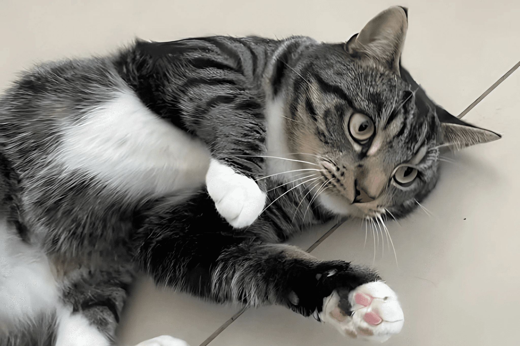 A black and white cat is lying down on the floor and playing.