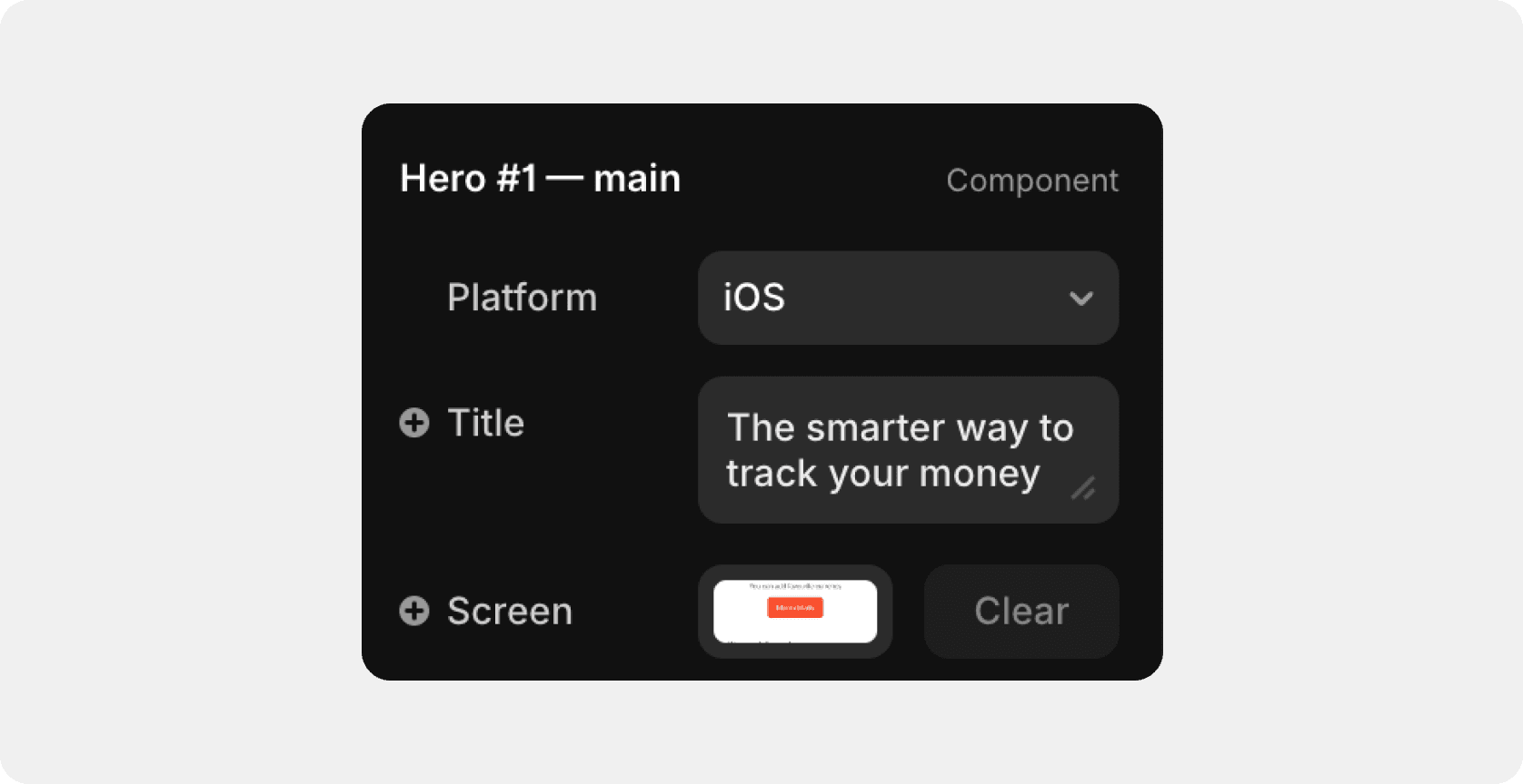 Framer component settings panel for the “Hero #1 — main” section with editable title and platform options