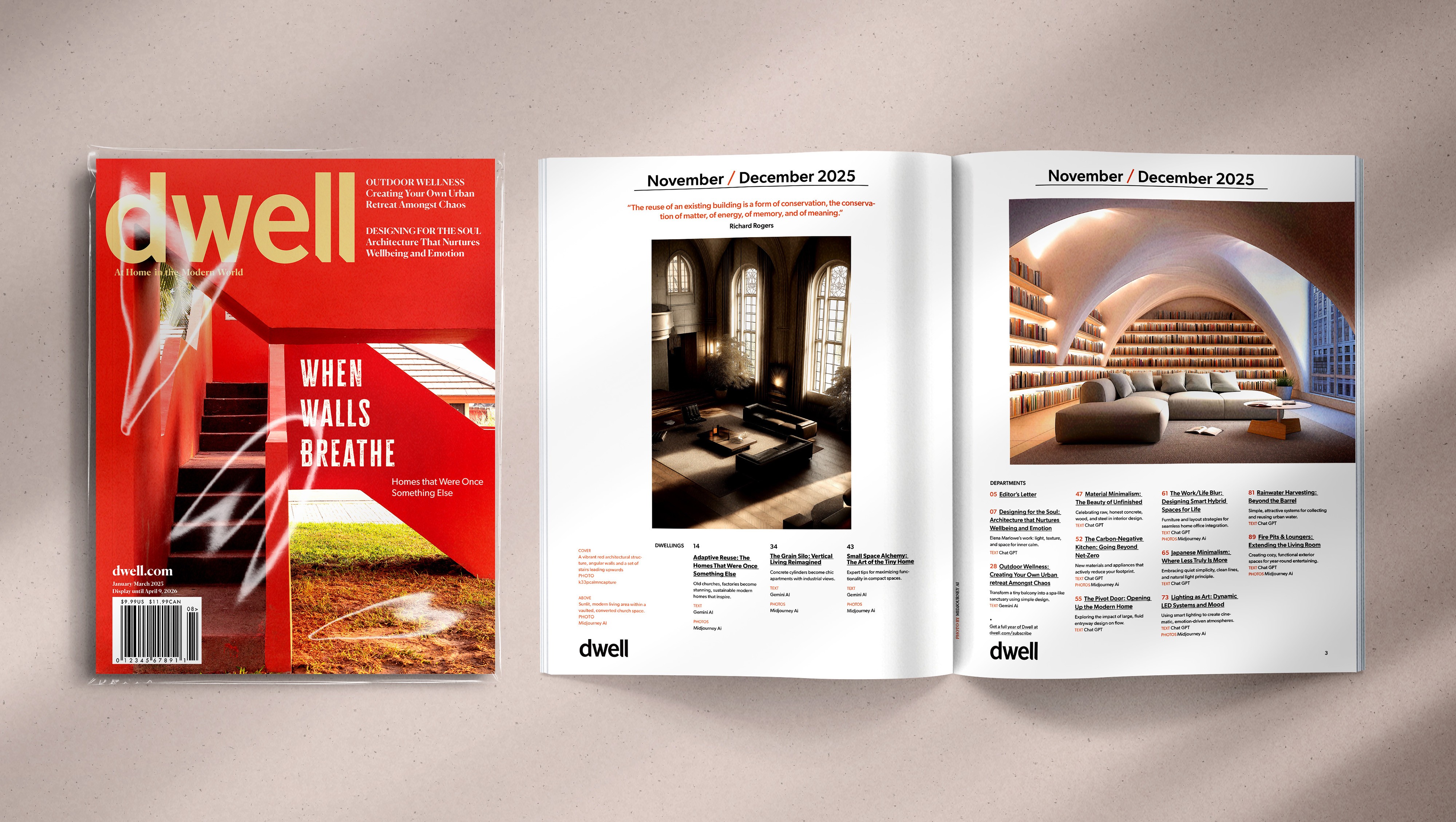 An image of a Dwell magazine cover and spread opened to Table of Contents