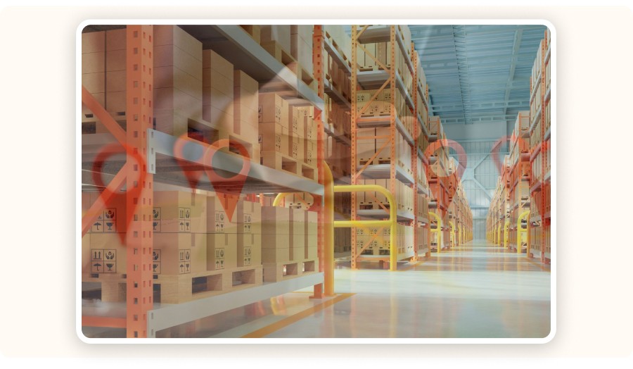 Warehouse shelves with boxes and digital location markers overlay