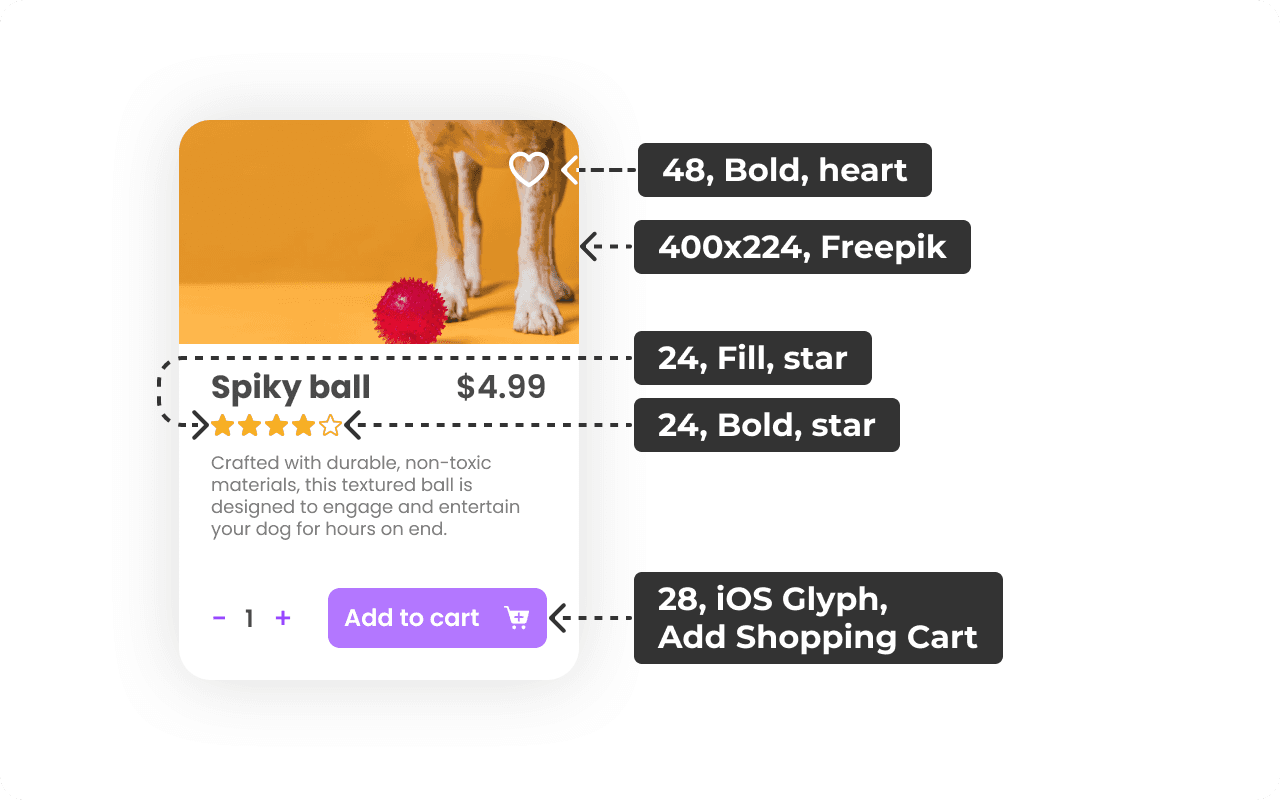Imagem contendo os componentes do design: o botão de comprar; uma escala de avaliações, um ícone de carrinho de compras e um ícone de coração.