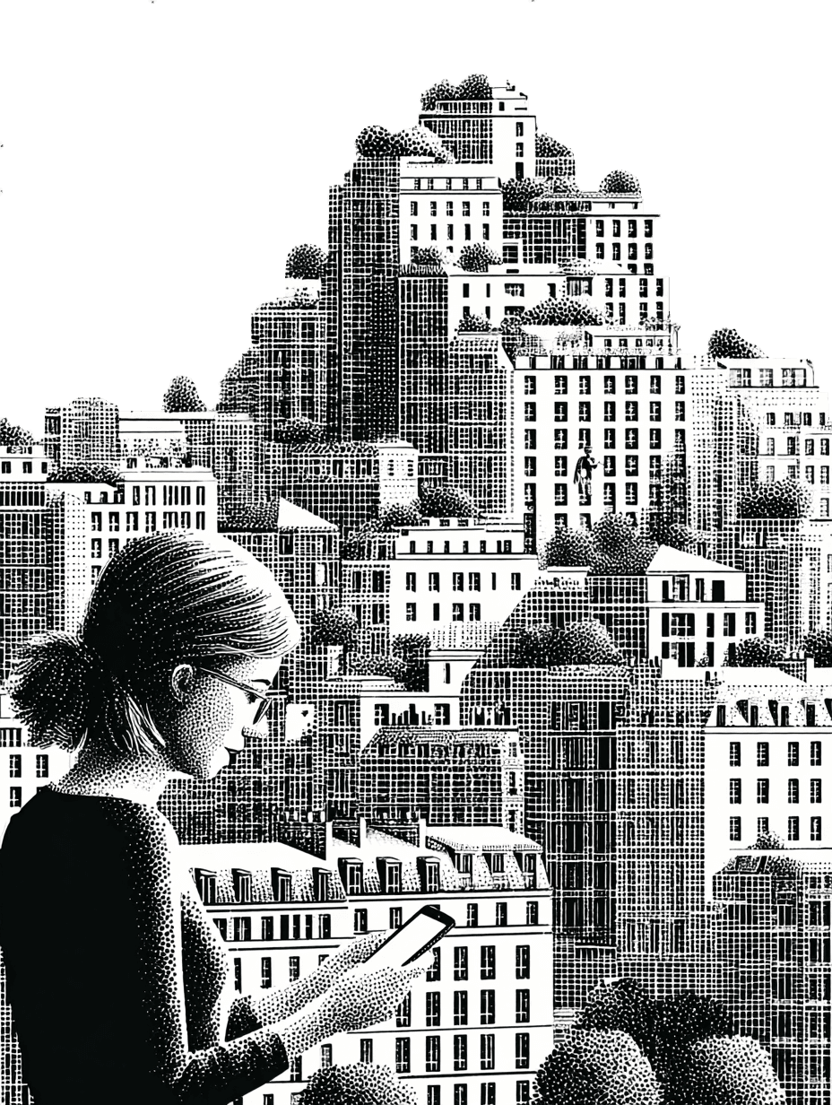 A woman reading on a mobile phone, with a view of the city's buildings.