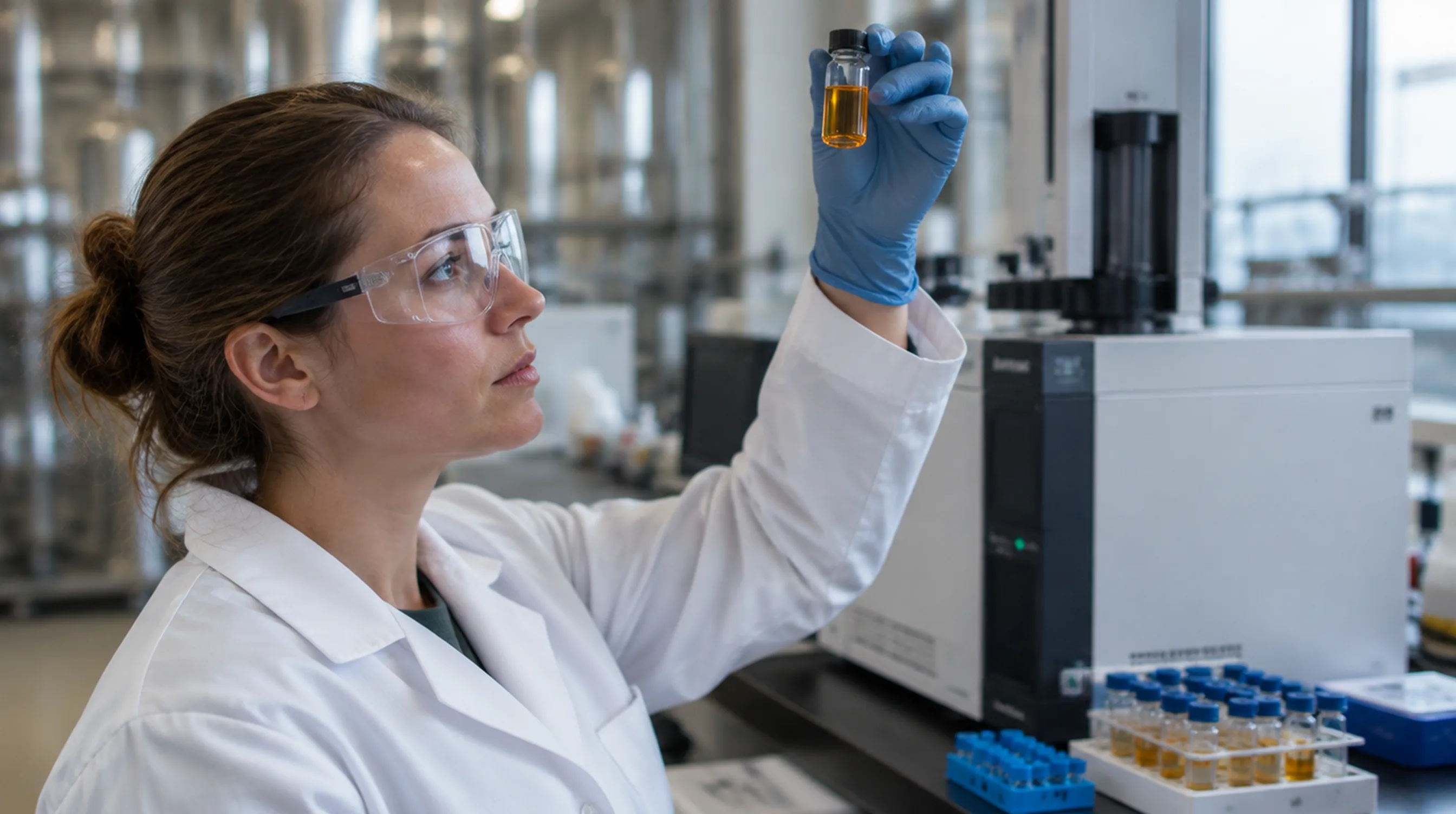 Laboratory technician at a biofuel plant inspecting a fuel sample vial next to a gas chromatograph