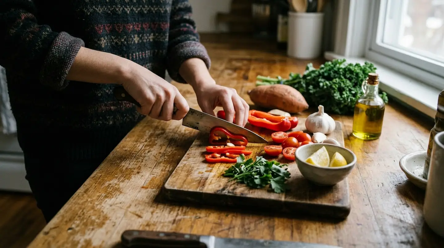 Hands chopping red peppers on a wooden cutting board surrounded by fresh vegetables