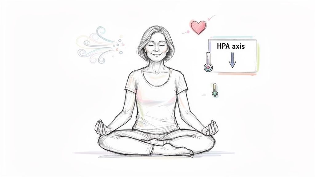 A woman meditating in lotus pose, surrounded by symbols indicating positive health outcomes like a reduced HPA axis.