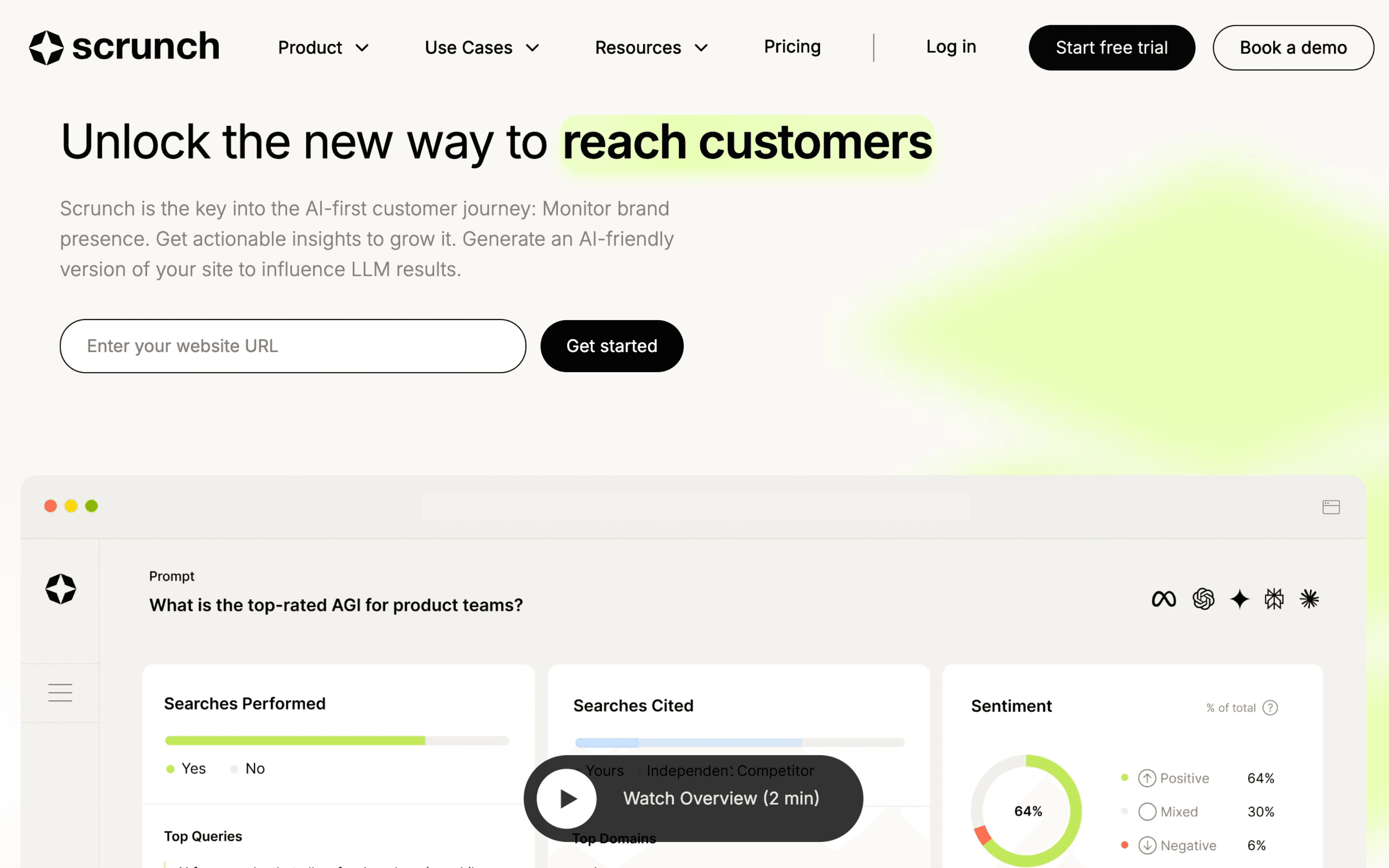 Screenshot of the Scrunch AI dashboard showing AI visibility tracking, citations, and competitive insights