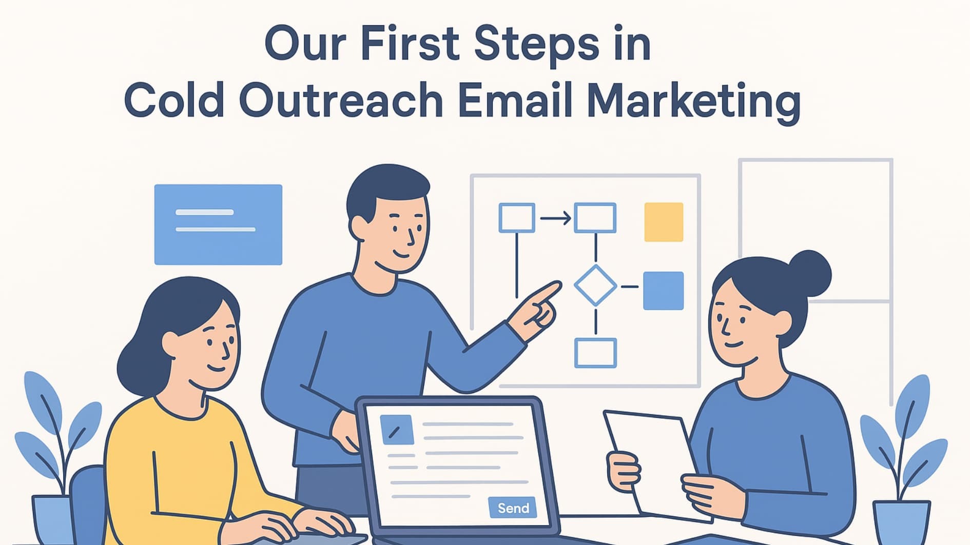 Team planning first steps in cold outreach success story email marketing.