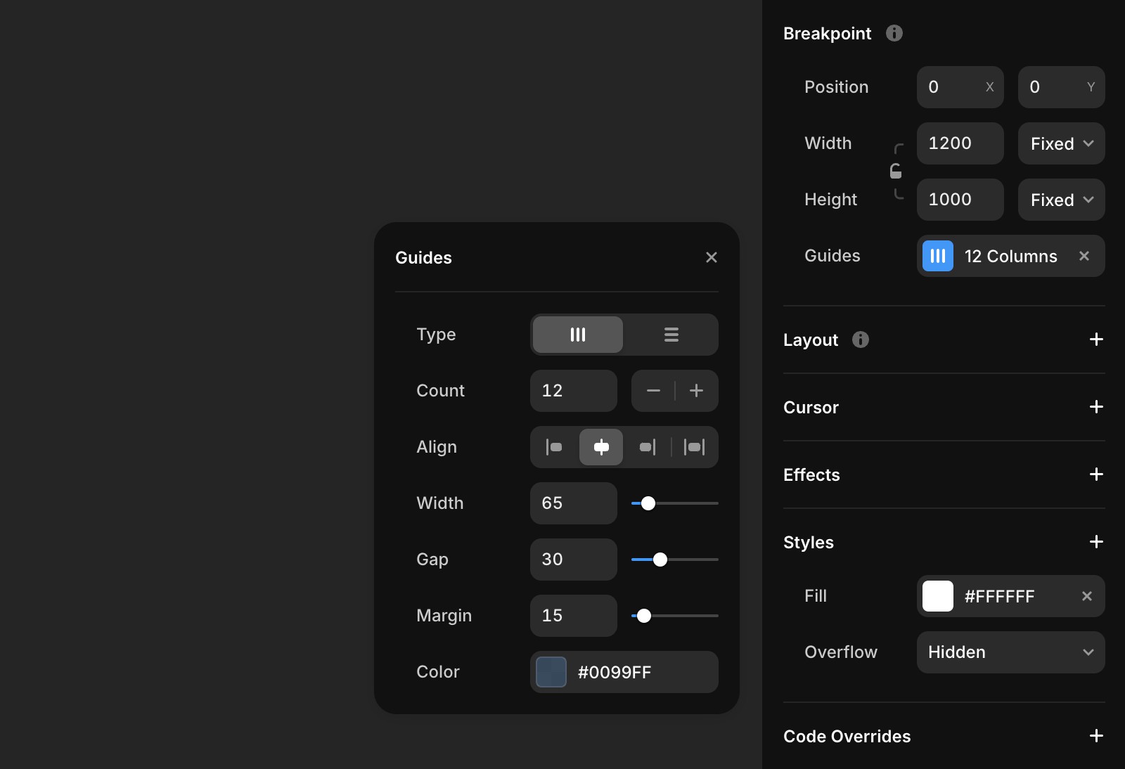 Screenshot of the Framer modal “Guides”.