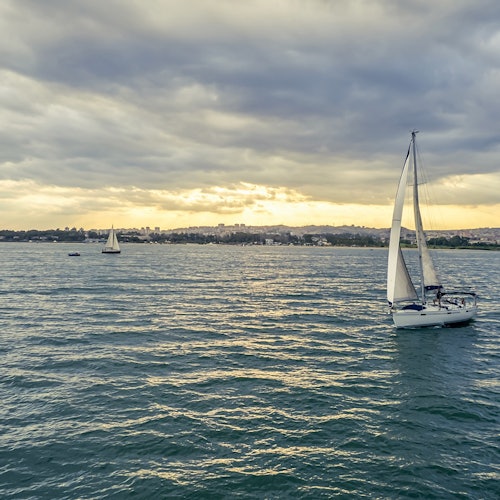Two sailboats on a calm body of water under a cloudy sky, with a distant shoreline visible in the background.