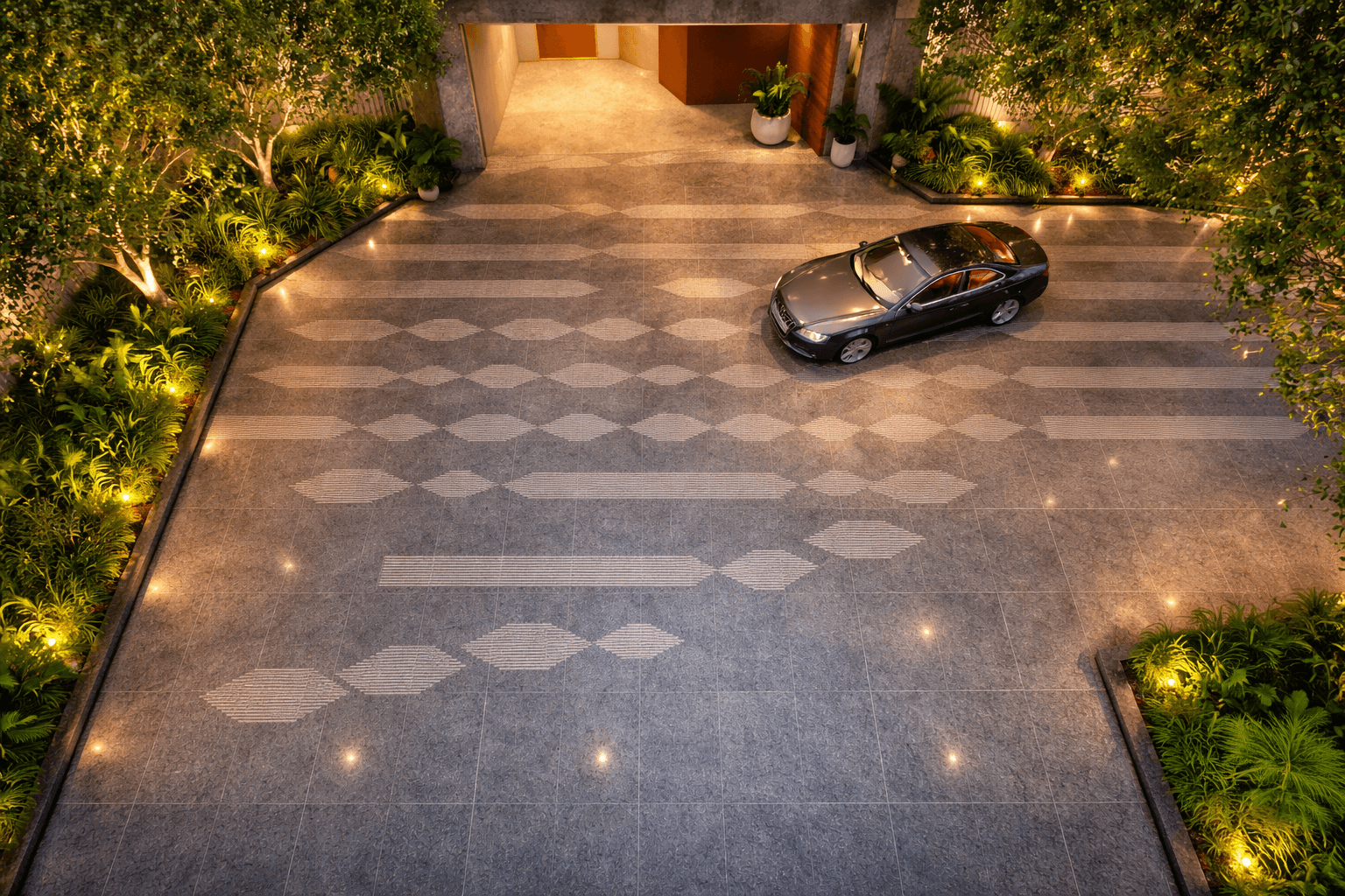 Vervail stone paving integrated with landscape design in modern residential outdoor space