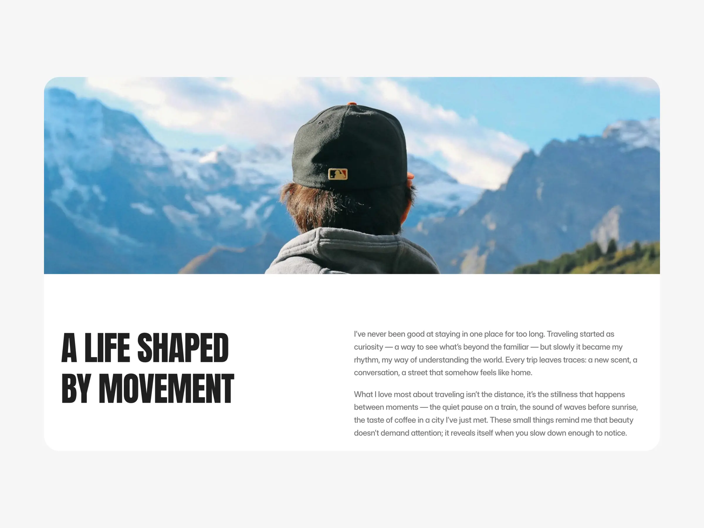 Travel blog website template article layout with storytelling section