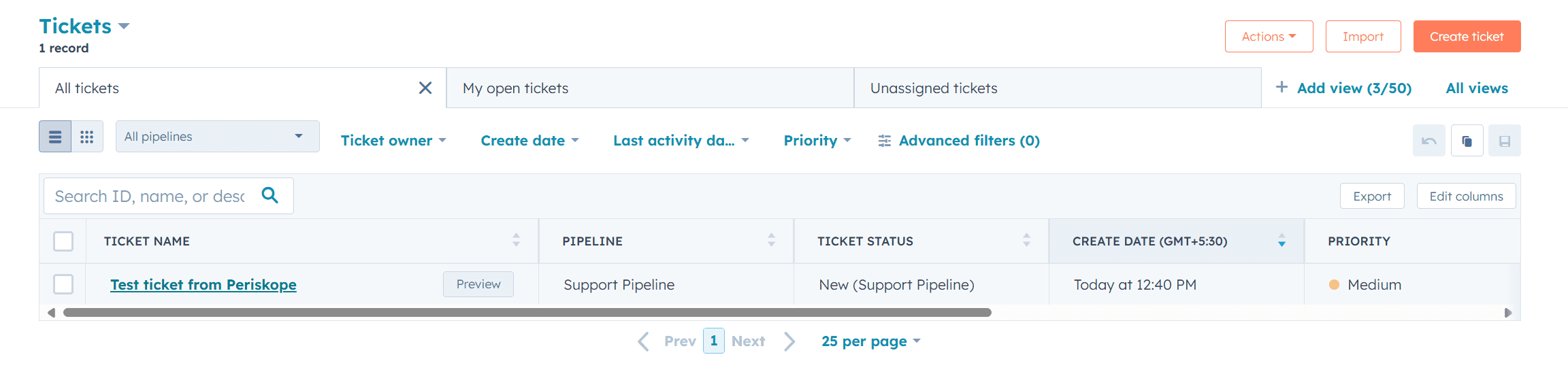 Ticket created in Periskope appearing in a HubSpot ticket pipeline
