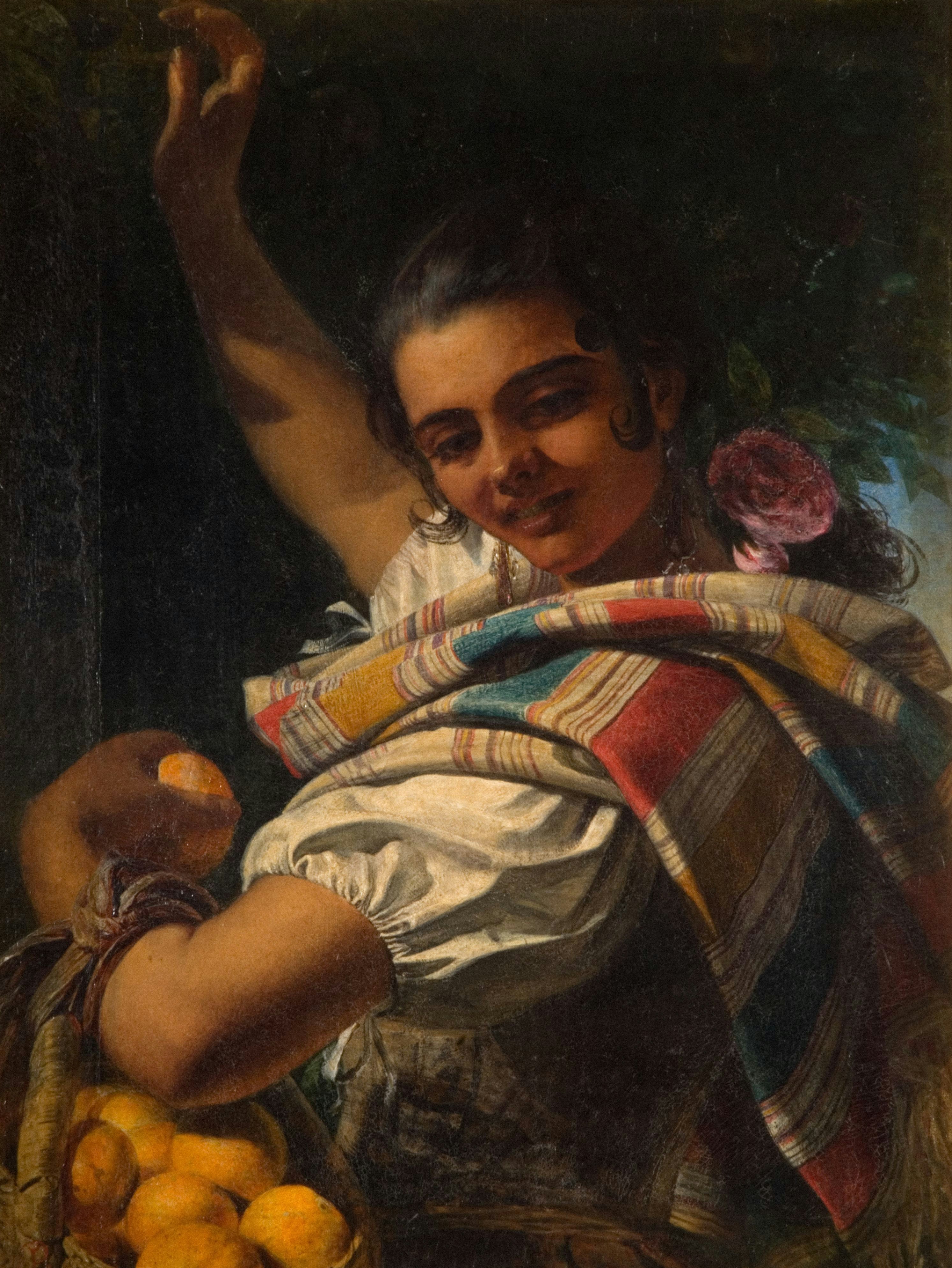 a painting of a woman holding a basket of fruit