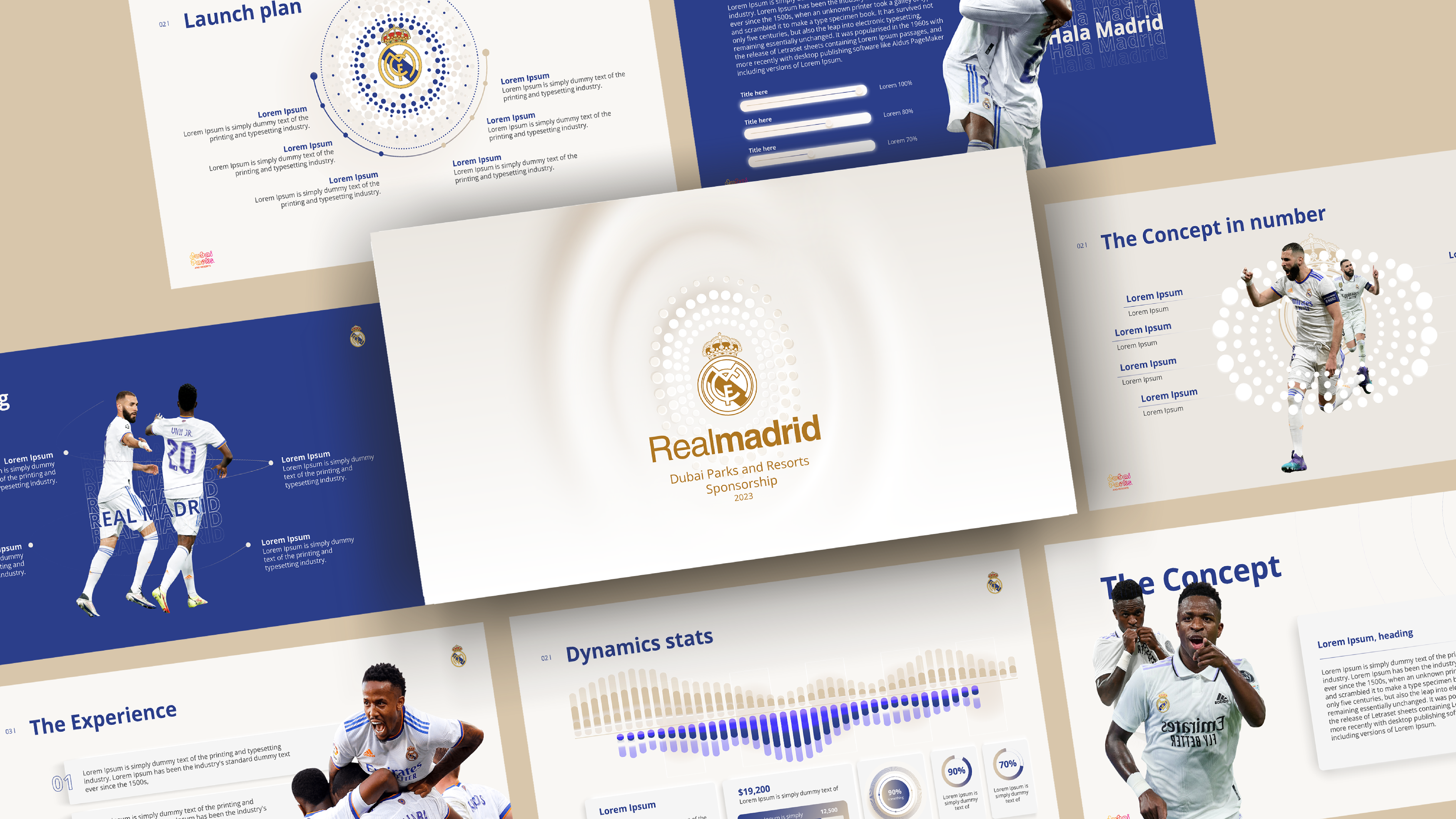 Cover Slide Design: "Sleek cover slide for Real Madrid World pitch deck showcasing immersive fan experience at Dubai Parks and Resorts."