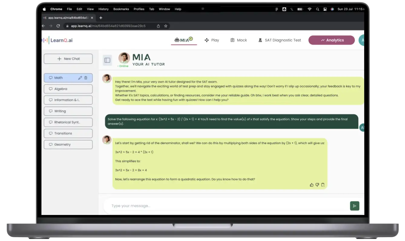 Mia SAT math tutor page showing its calculator precision for challenging SAT math questions