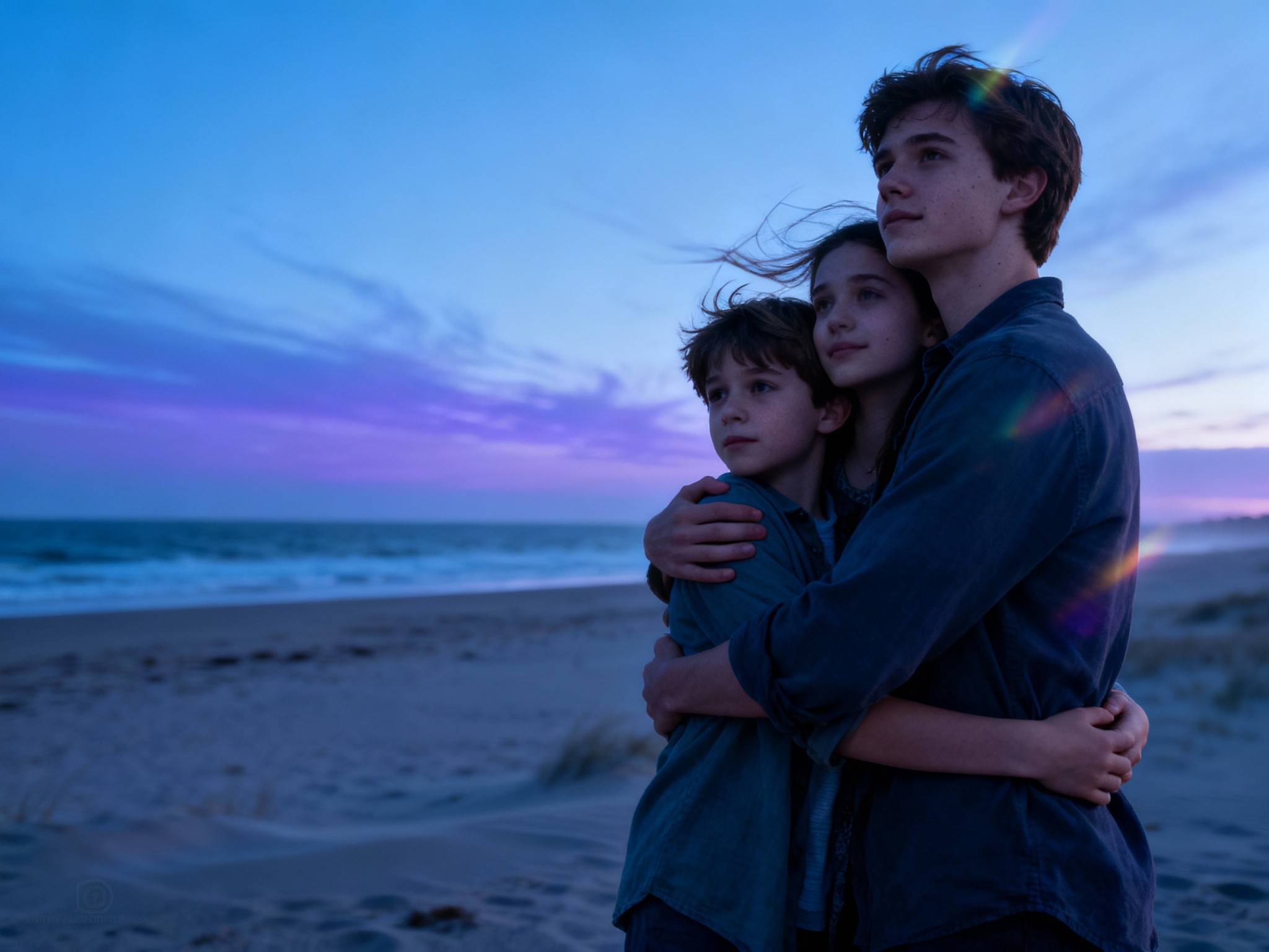 A wide-angle landscape scene of a young family embracing on a windswept beach at twilight, with cool