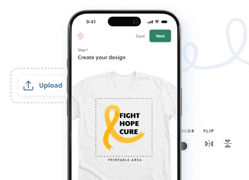 Smartphone displaying a t-shirt design app. A white t-shirt with a yellow ribbon and "Fight Hope Cure" is shown. Upload button is visible.