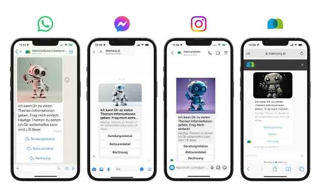 Multiple smartphones displaying chat dialogues in WhatsApp Messenger and Instagram demonstrate the multichannel deployment of the mercury.ai platform