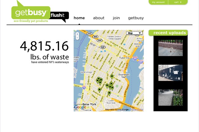 A screenshot displays a map of New York City centered on Manhattan, with Getbusy’s logo and eco-friendly pet products text at the top left. Below, a text box reads “4,815.16 lbs. of waste have entered NY’s waterways,” accompanied by a Google Maps screenshot showing a location on the map. A sidebar labeled “recent uploads” includes two photos: one of a brick wall and another of a sidewalk.
