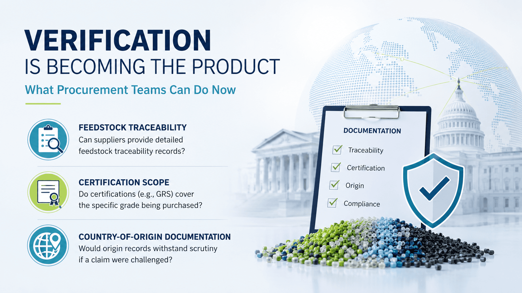 Recycled plastic procurement checklist highlighting feedstock traceability, certification scope, and country-of-origin documentation.