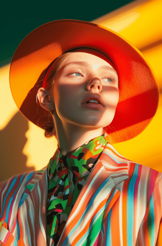 A woman wearing a vibrant hat and a striped shirt, smiling and enjoying a sunny day outdoors.