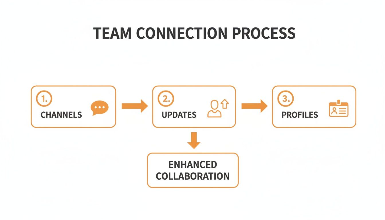 A flowchart illustrating the Team Connection Process: Channels, Updates, and Profiles, leading to Enhanced Collaboration.