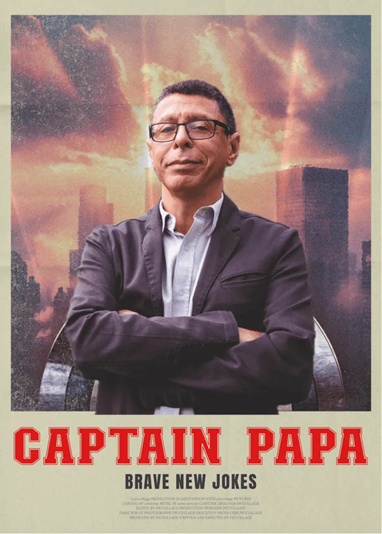 Father's Day card template styled like a vintage movie poster: 'Captain Papa: Brave New Jokes' over an orange-purple sunset.