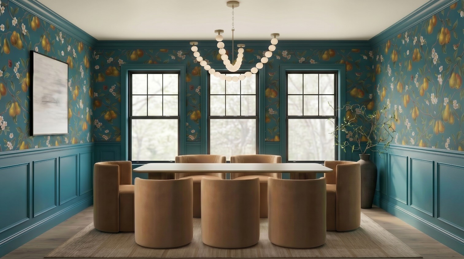 Fourth AI render with the black branch vase moved to the back corner, detail starting to soften