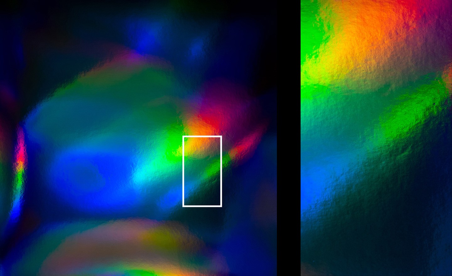 Hologasm iridescent backgrounds close up macro shot showing detailed metallic grain and vivid holographic colors