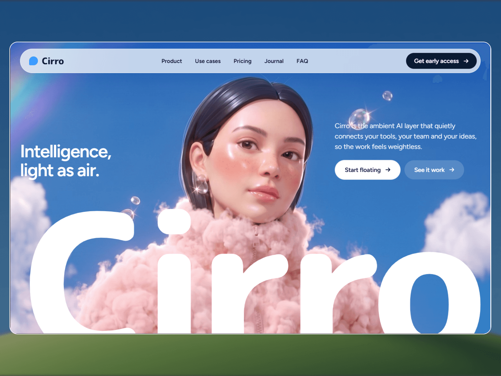 The Cirro website, an AI startup home page set in a soft 3D sky with a portrait and the word Cirro in large white letters