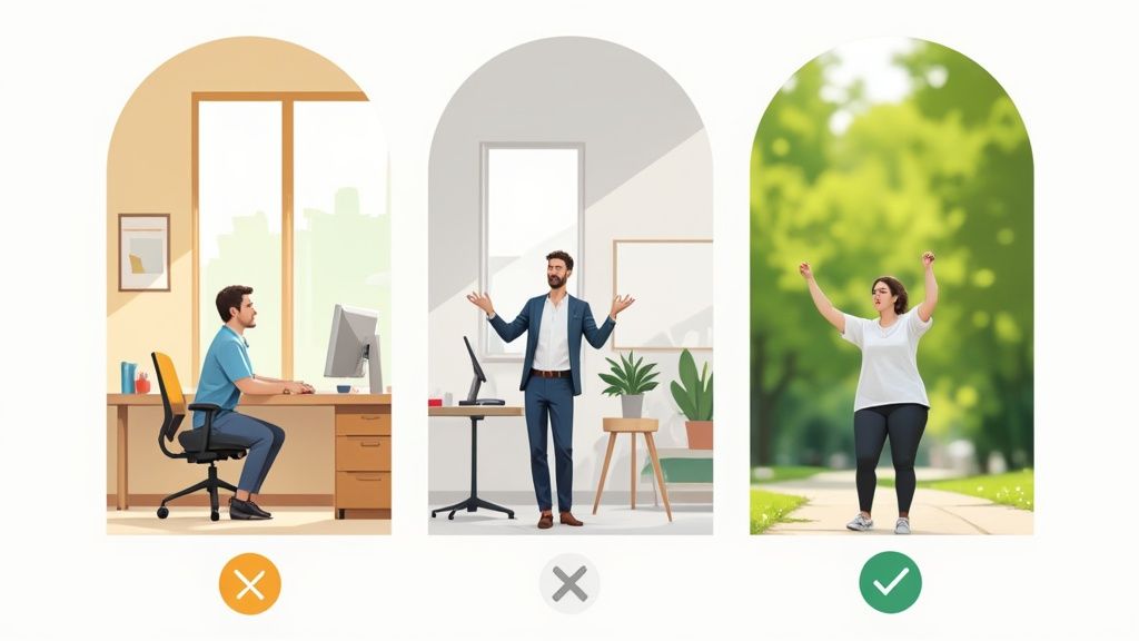 Ein Bewerber sitzt lächeln an einem modernen Schreibtisch, der Hintergrund ist ein helles Büro, das dezent unscharf ist.