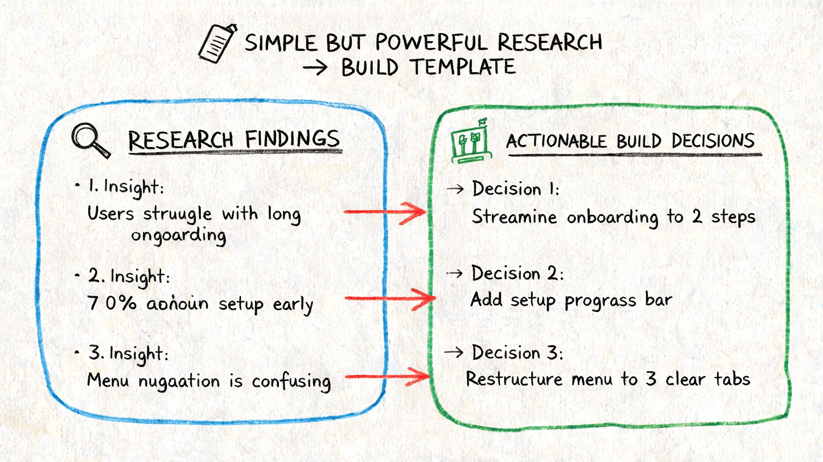 A hand-drawn template showing how research findings directly translate into actionable product design build decisions.