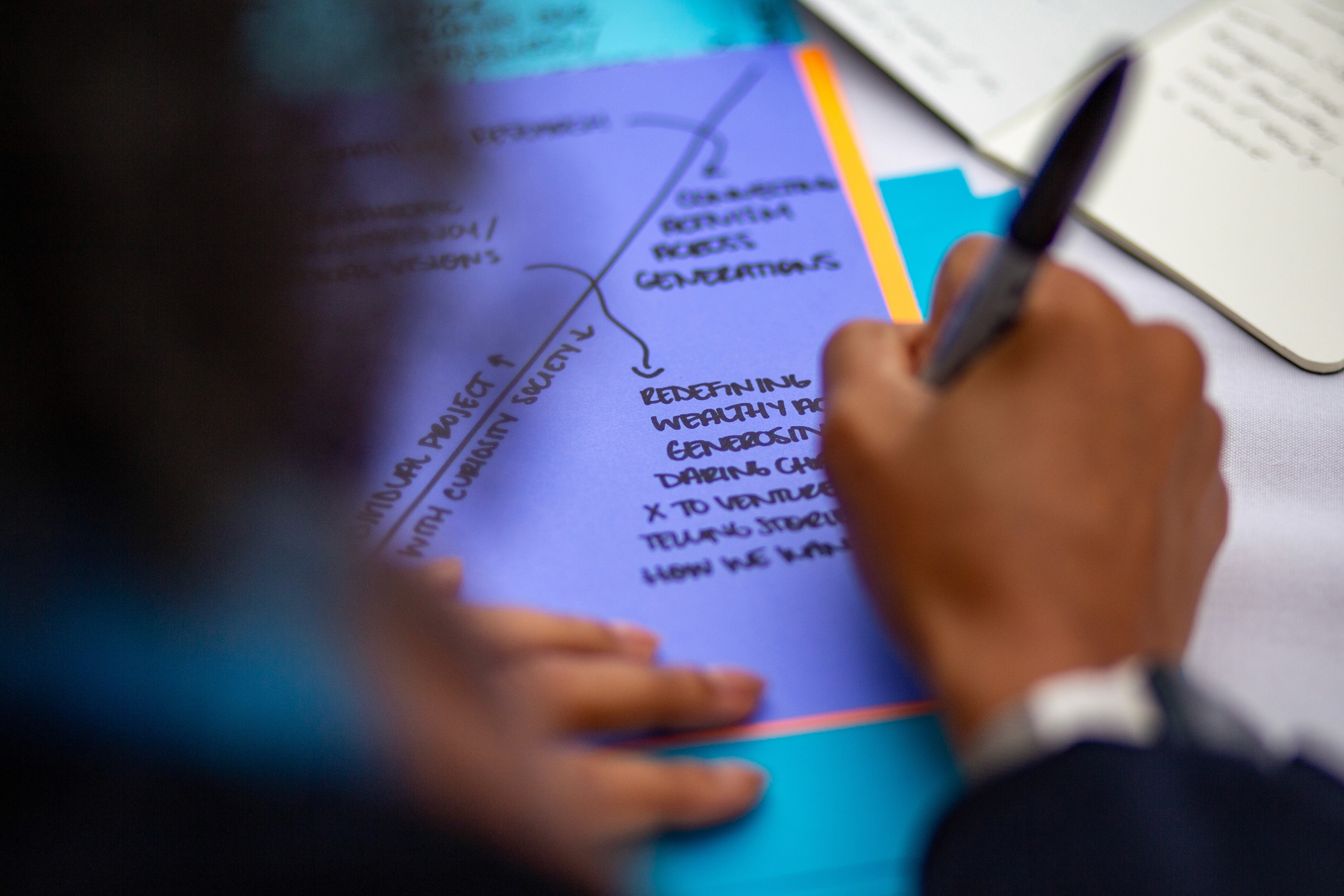 Close-up of a person writing notes with a pen on a colorful worksheet, showing handwritten words and arrows, with the background softly out of focus.