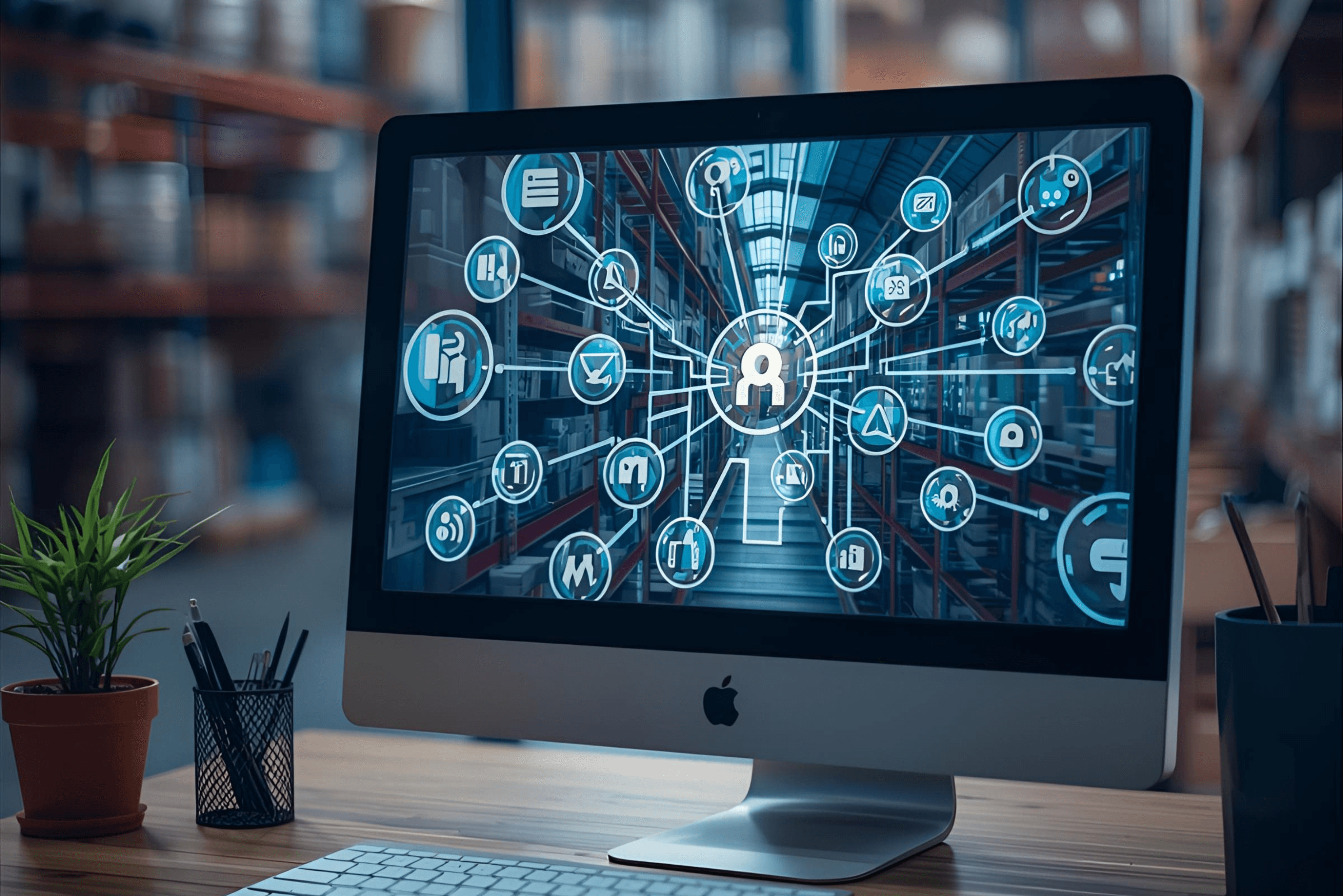Desktop monitor displaying a warehouse interface with connected logistics icons and network paths, representing integrated systems, marketplace coordination, and technology-driven supply chain visibility.